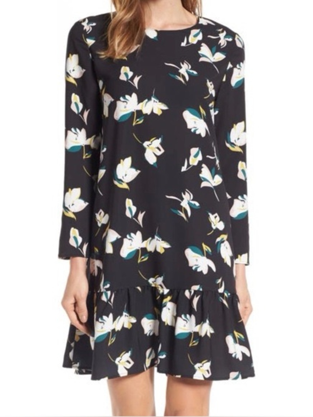Halogen Black Floral Ruffle-Hem Casual Dress